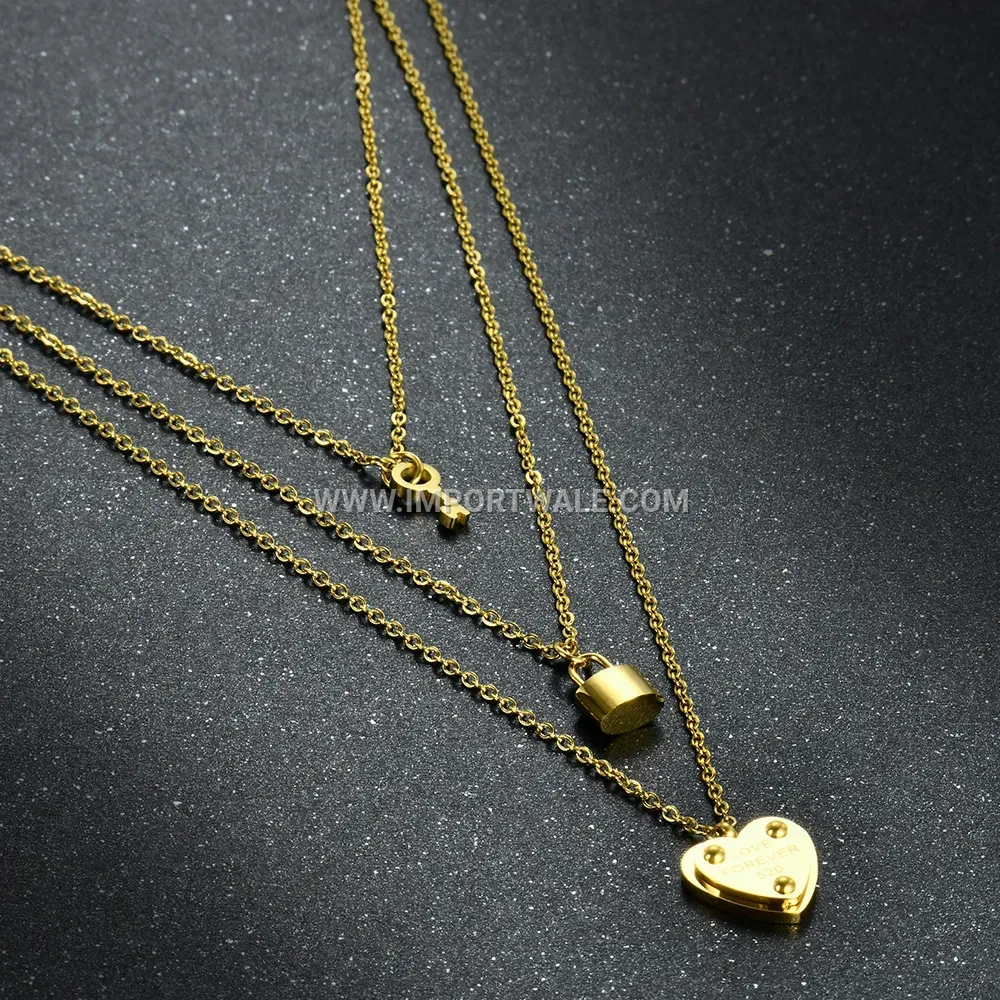 Gold Stainless Steel Layered Heart Lock Sweater Chain Necklace