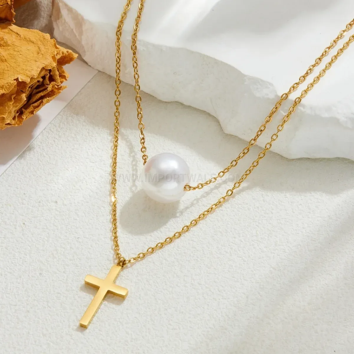Designer Gold Stainless Steel Layered Cross and Pearl Pendant Necklace
