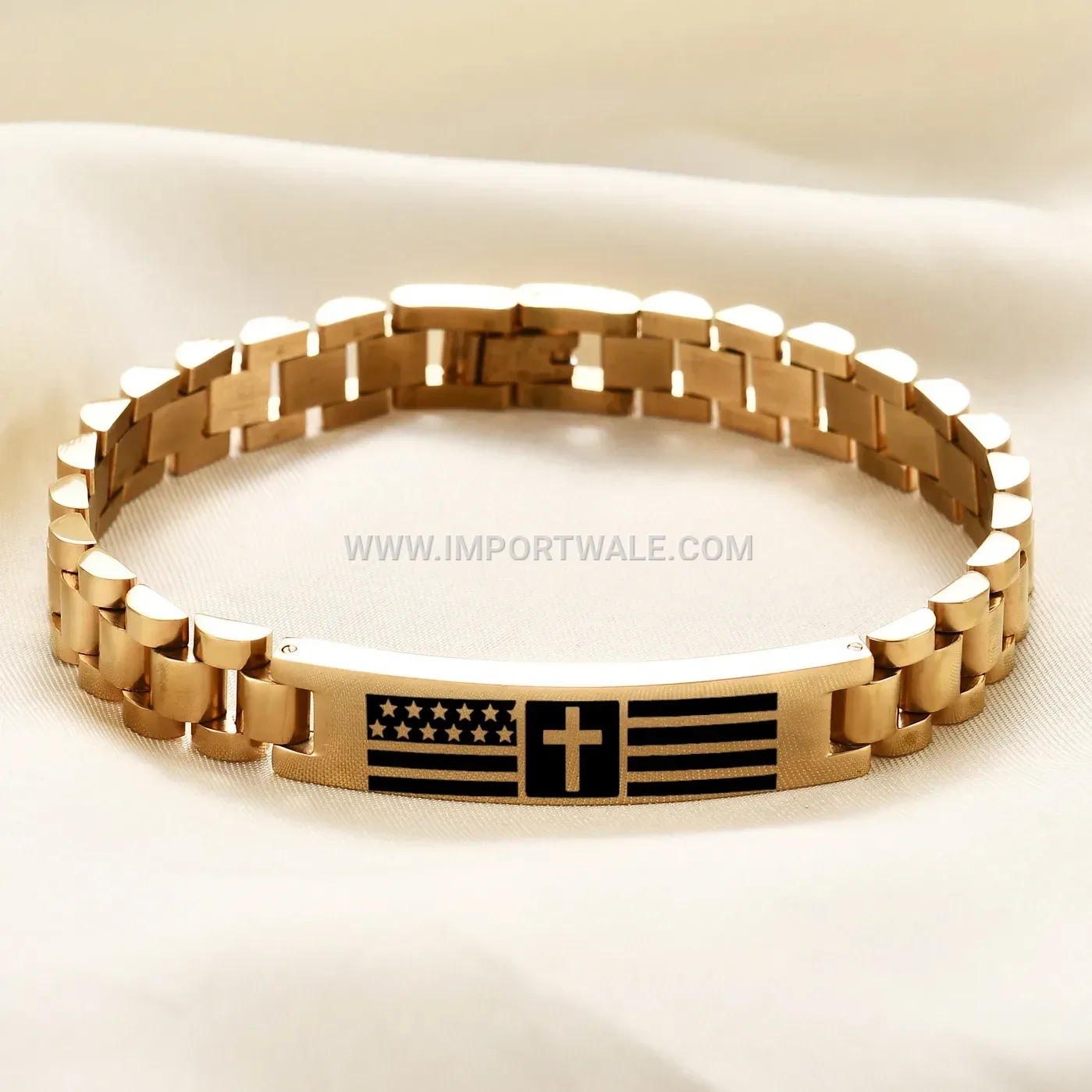 Laser Engraved Cross Stainless Steel Curved Plate Wrist Bracelet