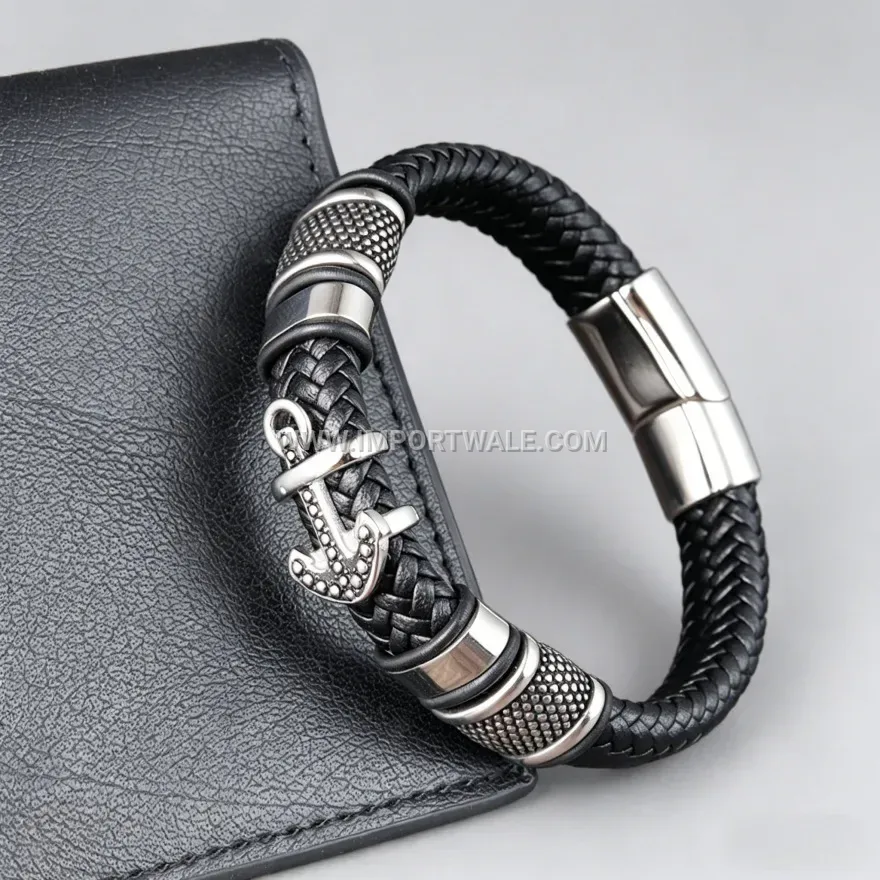 Nautical Anchor Braided Leather Wrap Bracelet