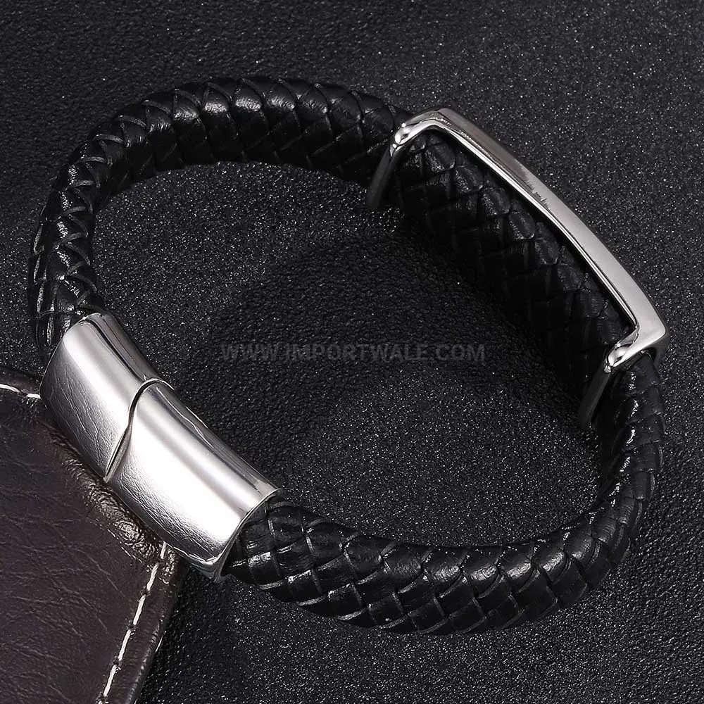 Fashion Punk Style Stainless Steel Skull Leather Men Wristband
