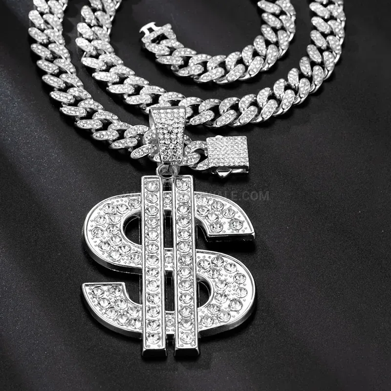Iced Out US Dollar Sign Hip Hop Pendant Necklace