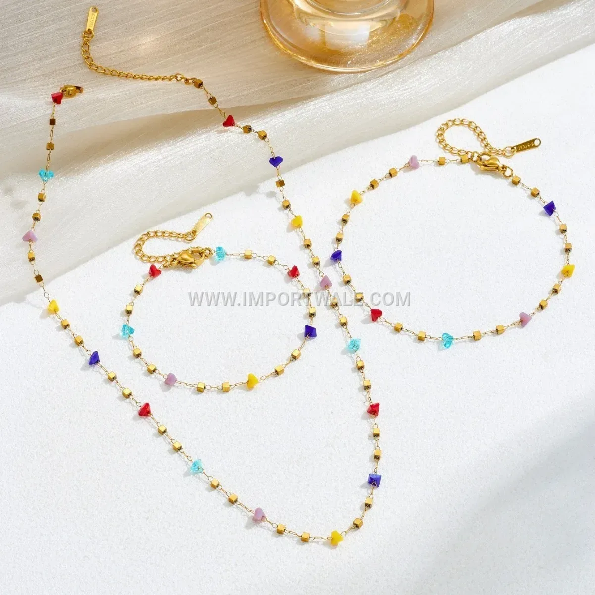 Geometric Colored Bead Square Stainless Steel Anklet