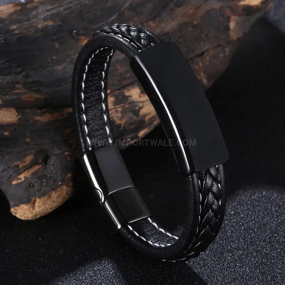 Smooth Leather Wristband with Stainless Steel Interlocking Clasp