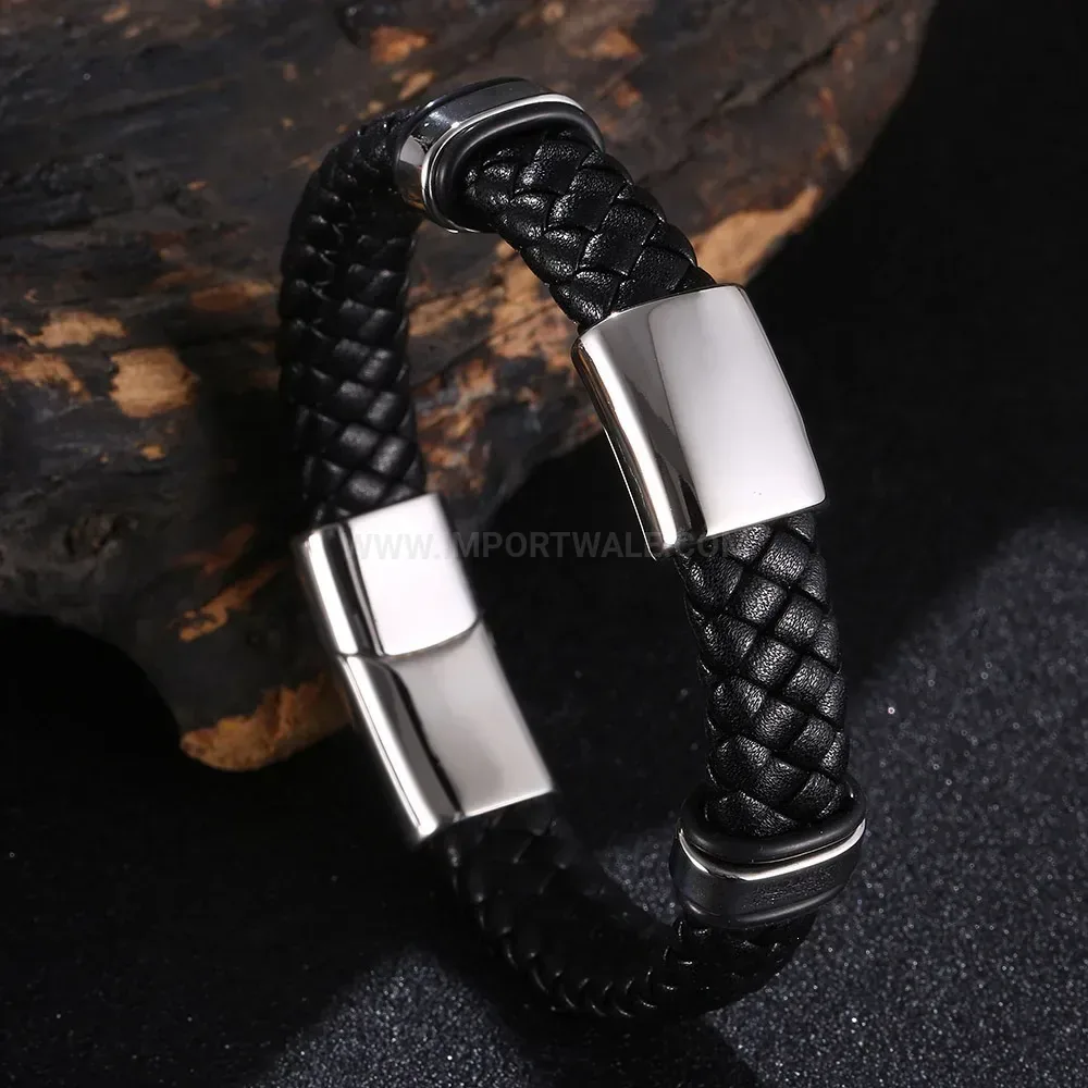 Braided Leather Bracelet With Stainless Steel Hardware Accent