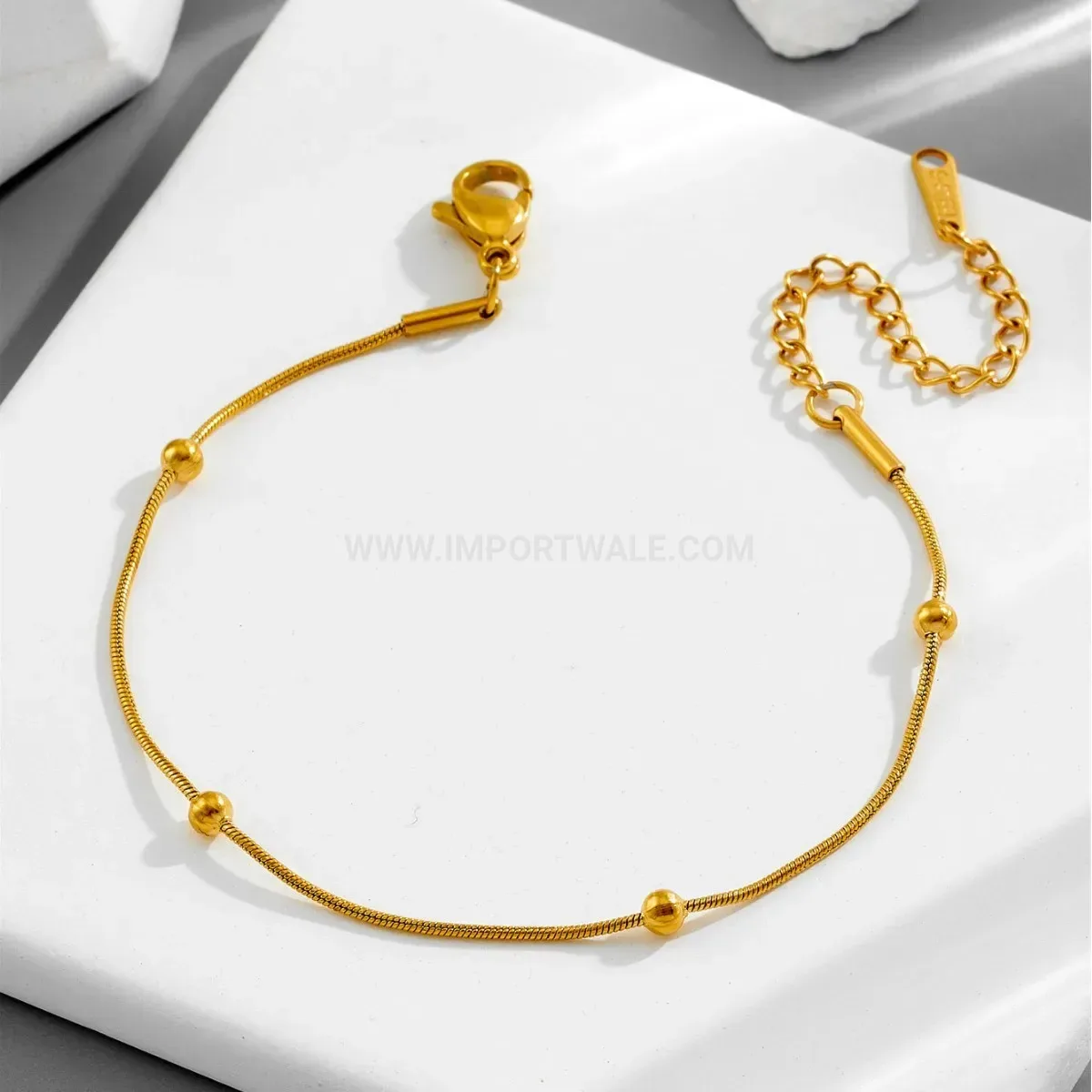 Gold Plated Bead Accent Titanium Steel Snake Chain Bracelet