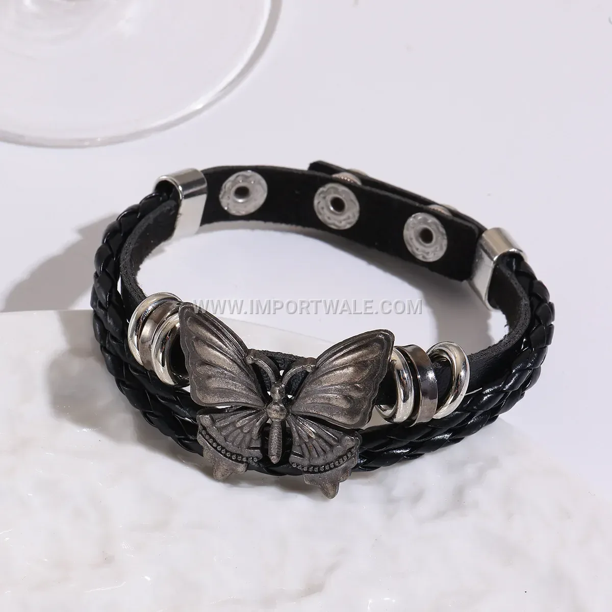 Vintage Dark Style Butterfly Charm Leather Bracelet