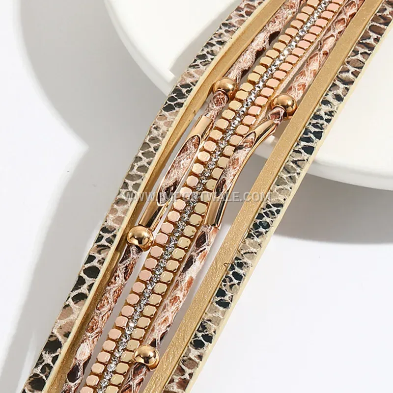 Snakeskin Pattern Woven Leather Bracelet with Magnetic Clasp