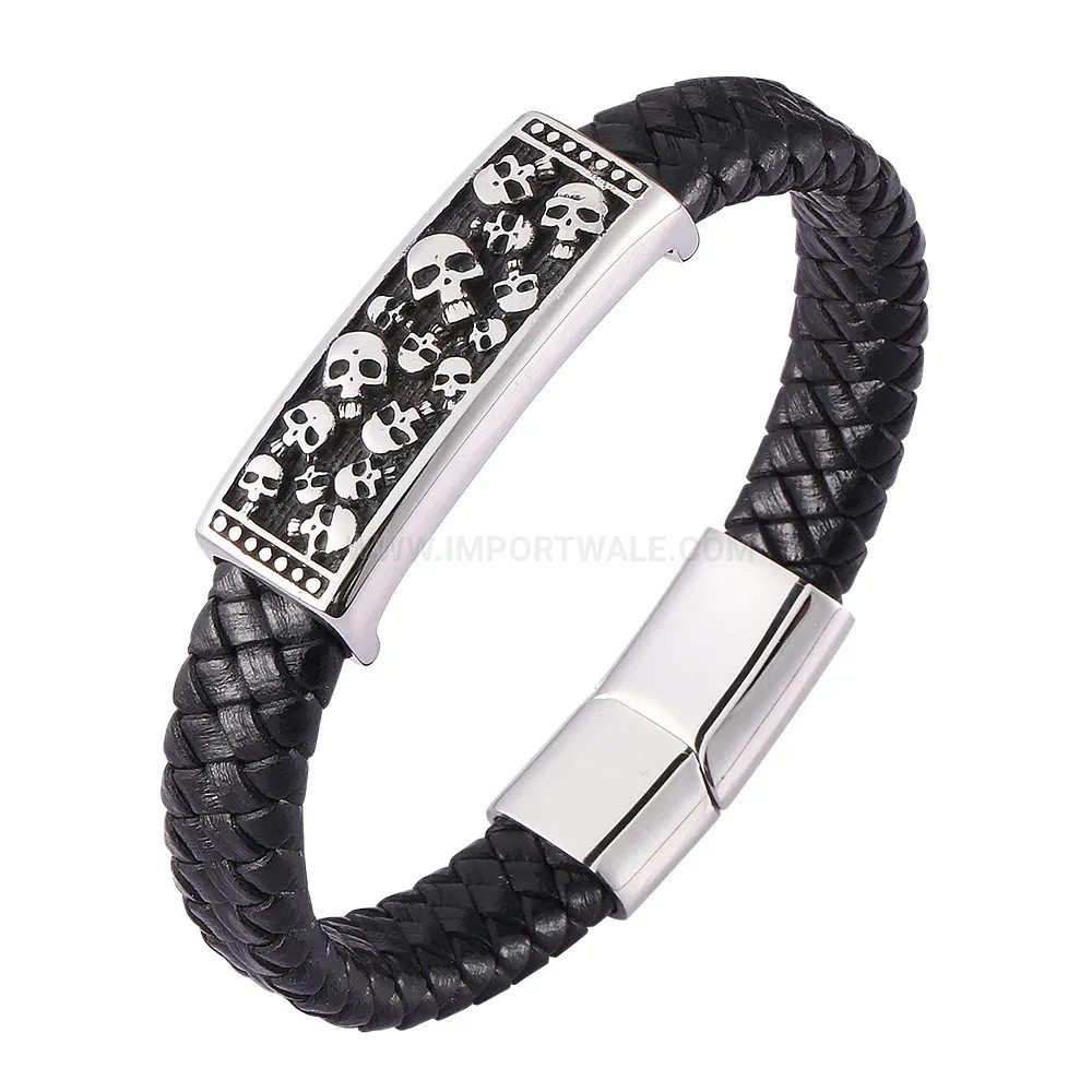 Fashion Punk Style Stainless Steel Skull Leather Men Wristband