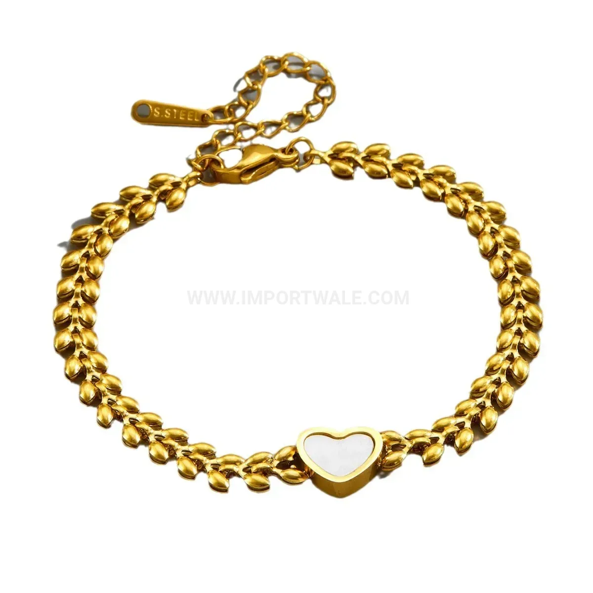 Gold Plated Titanium Steel Wheat Chain Heart Bracelet