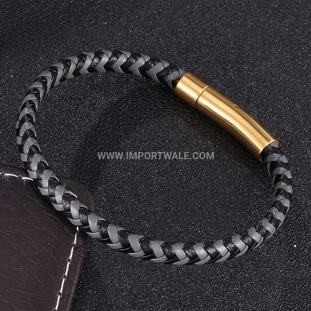 Two-Tone Braided Leather Strap with Gold Tone Stainless Clasp