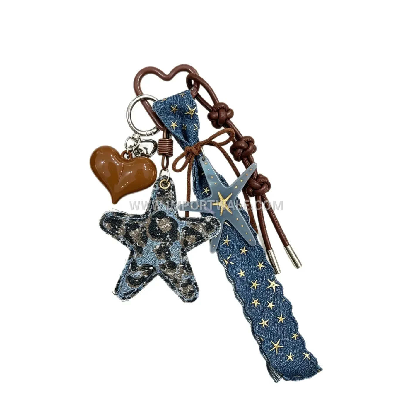 Leopard Print Denim Star Leather Heart Bag Charm Keychain