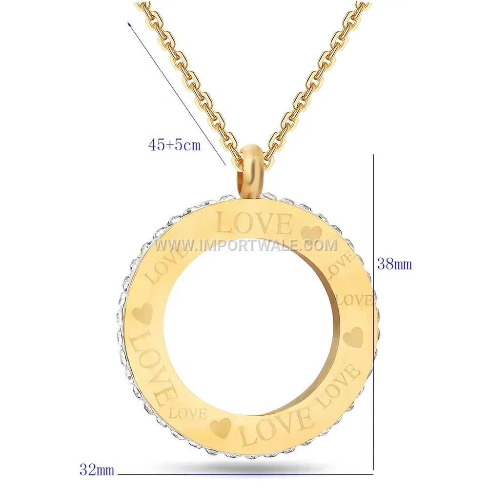 Gold Stainless Steel Engraved Love Circle Pendant Necklace with Crystals