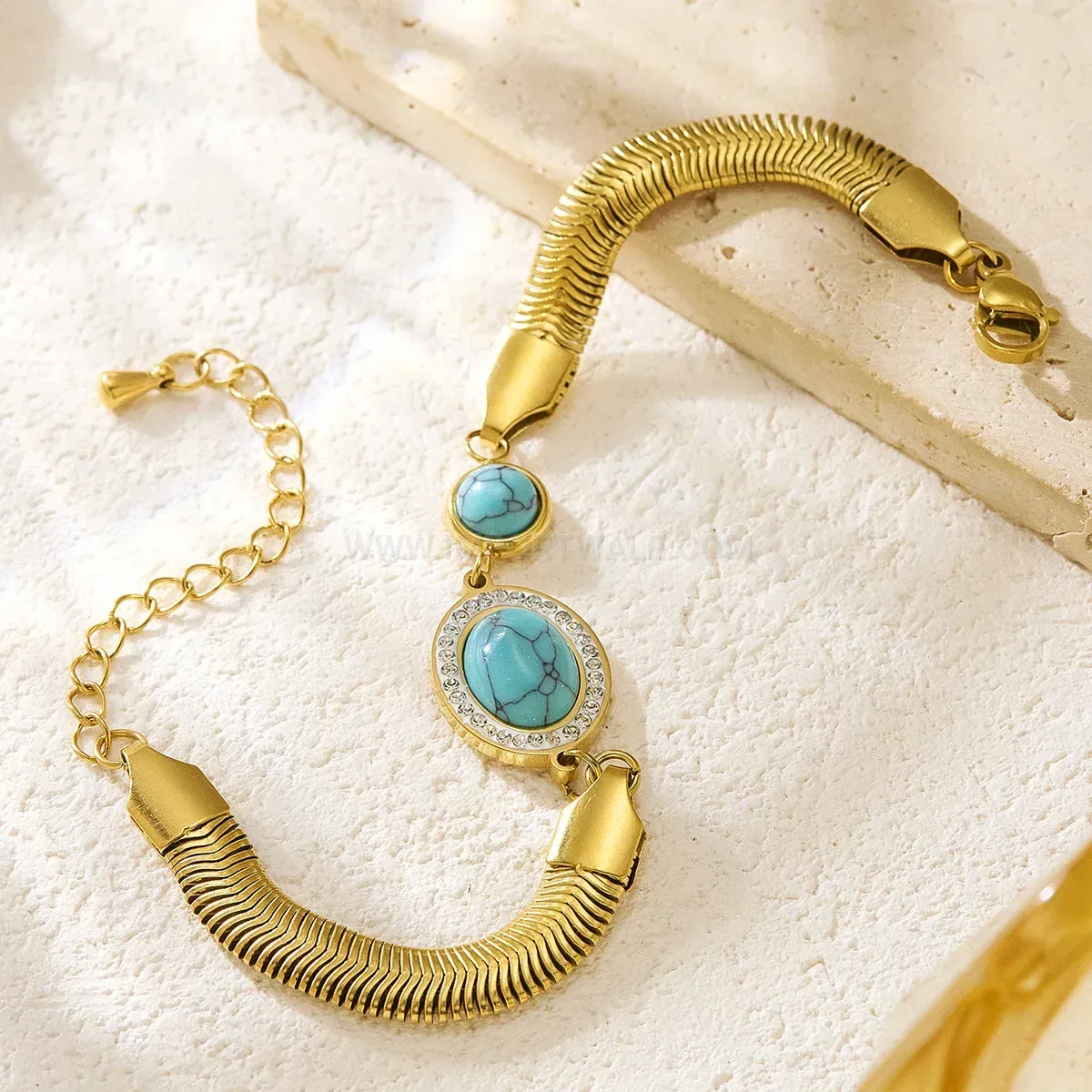 Gold Plated Stainless Steel Oval Turquoise Heart Charm Bracelet