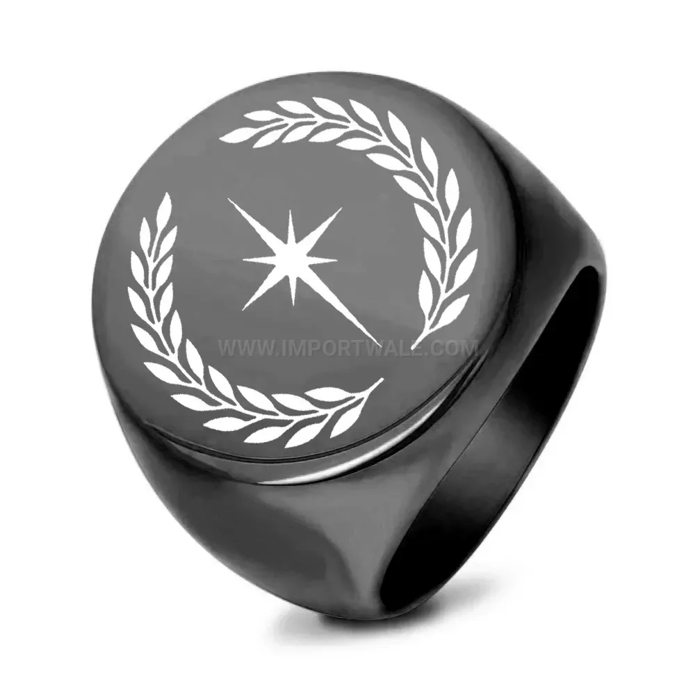 Designer Laser Engraved Stainless Steel Leaf Star Round Ring