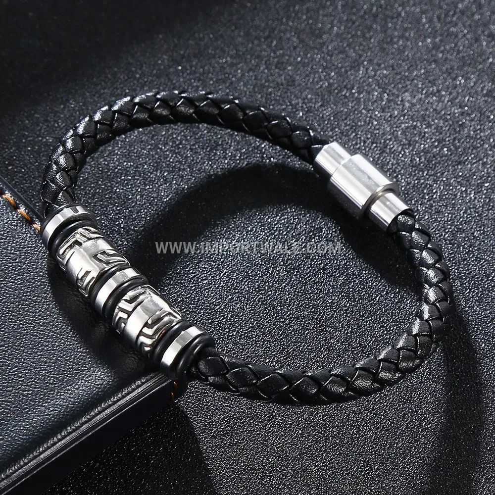 Casual Leather Bracelet Featuring Stainless Steel Beads Accent