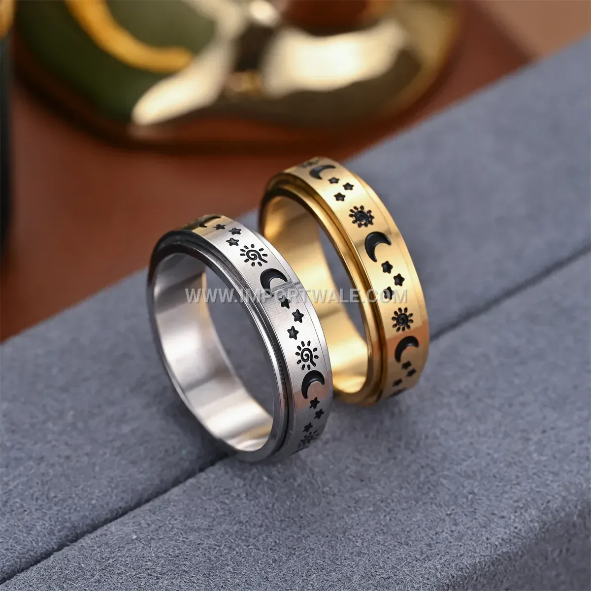 Celestial Sun Moon and Stars Engraved Stainless Steel Spinner Ring