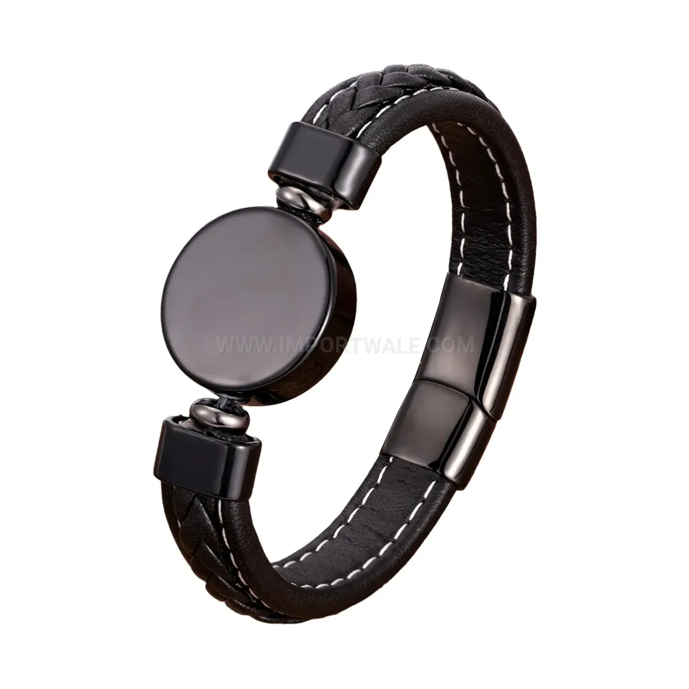 Minimalist Round Stone Woven Leather Bracelet with Stainless Steel Clasp