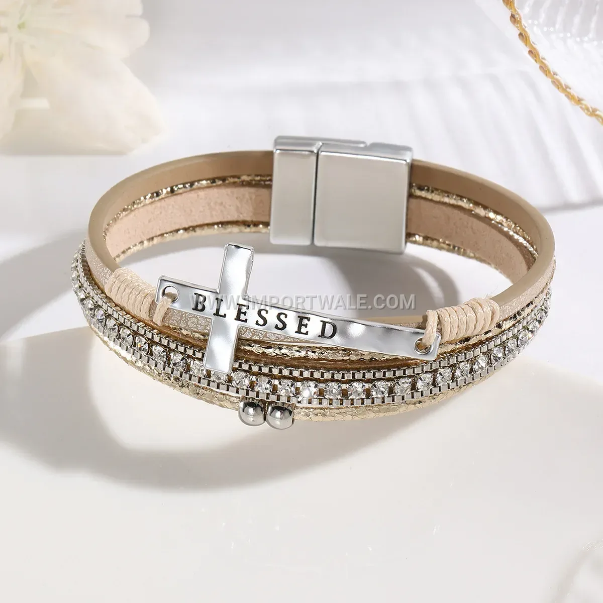 Bohemian Multi-Layer Faux Leather Cross Bracelet with Magnetic Clasp
