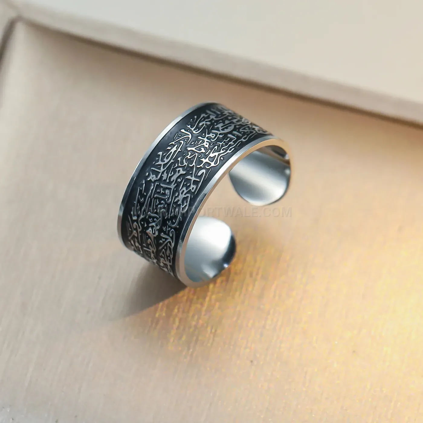 Stainless Steel Ayatul Kursi Arabic Calligraphy Adjustable Religious Open Ring