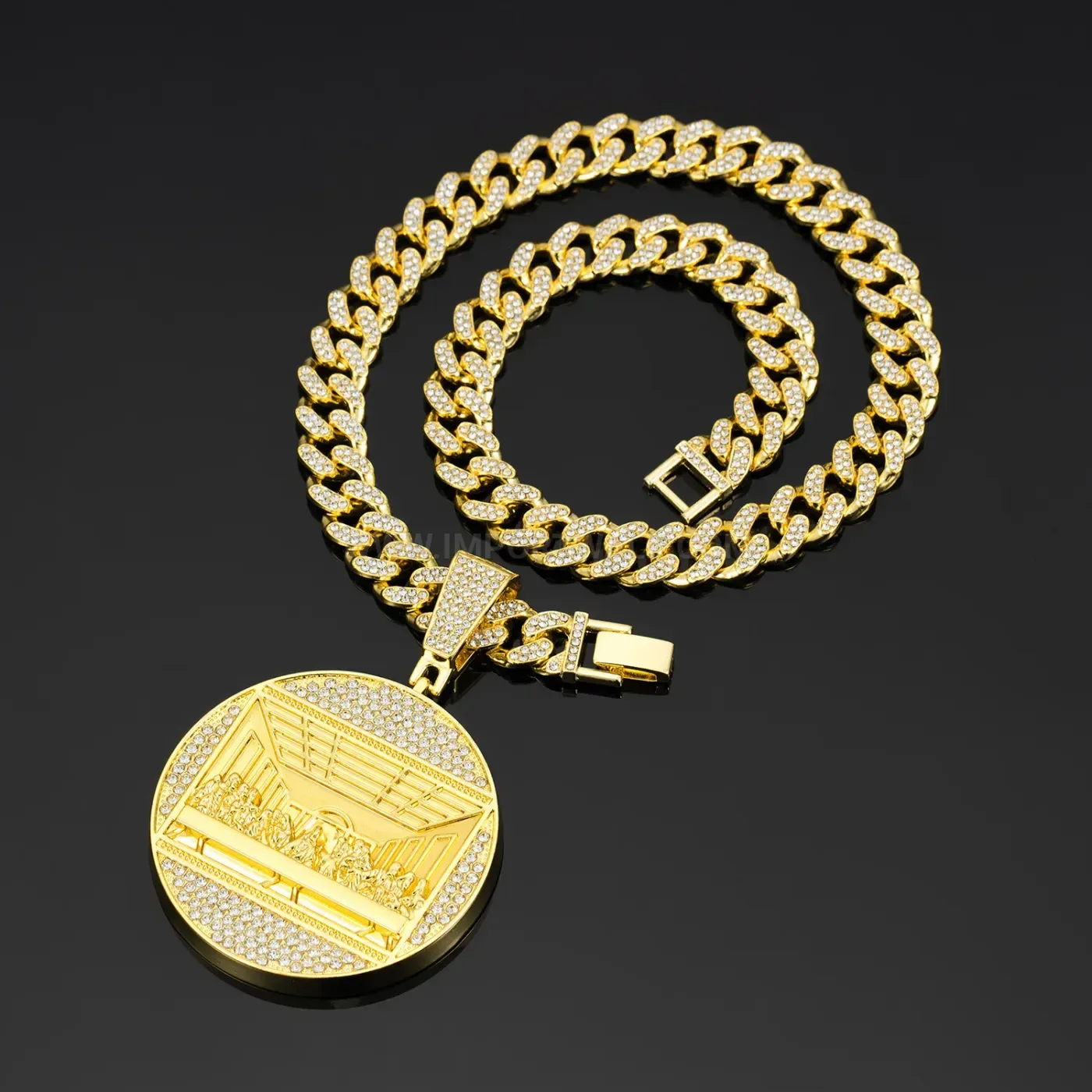 Rhinestone Disc Pendant Zinc Alloy Hip Hop Cuban Chain