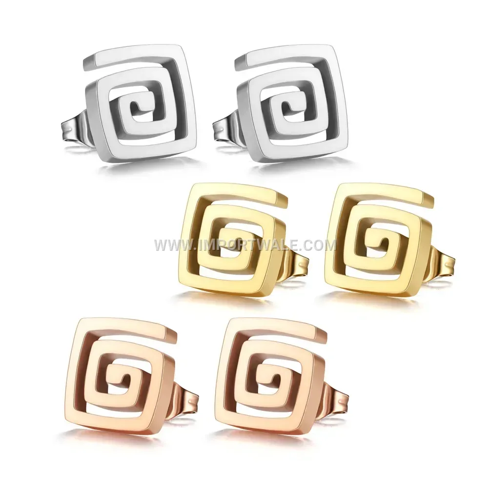 Greek Key Stainless Steel Hoop Stud Earrings