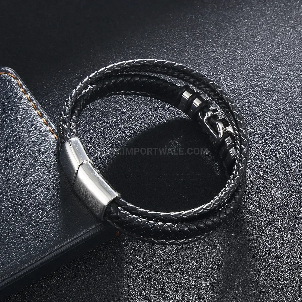 Handwoven Braided Leather Cord Bracelet featuring Stainless Steel Magnetic Lock