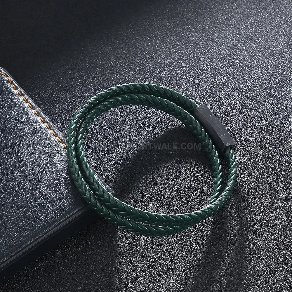 Double Wrap Braided Leather Bracelet with Black Stainless Steel