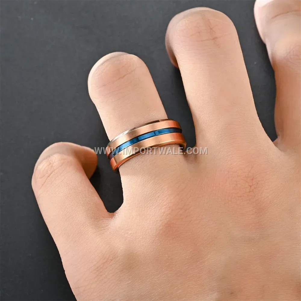 Grooved Beveled Stainless Steel Ring with Blue Accent