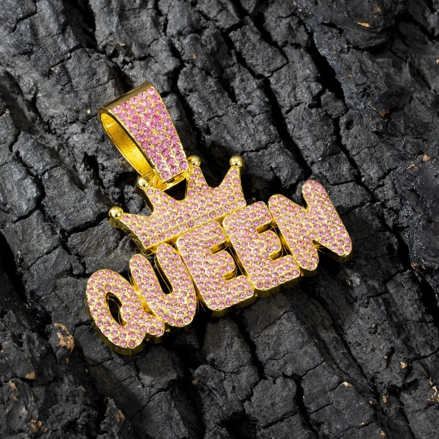 Pink Rhinestone Crown Queen Hip Hop Pendant Necklace