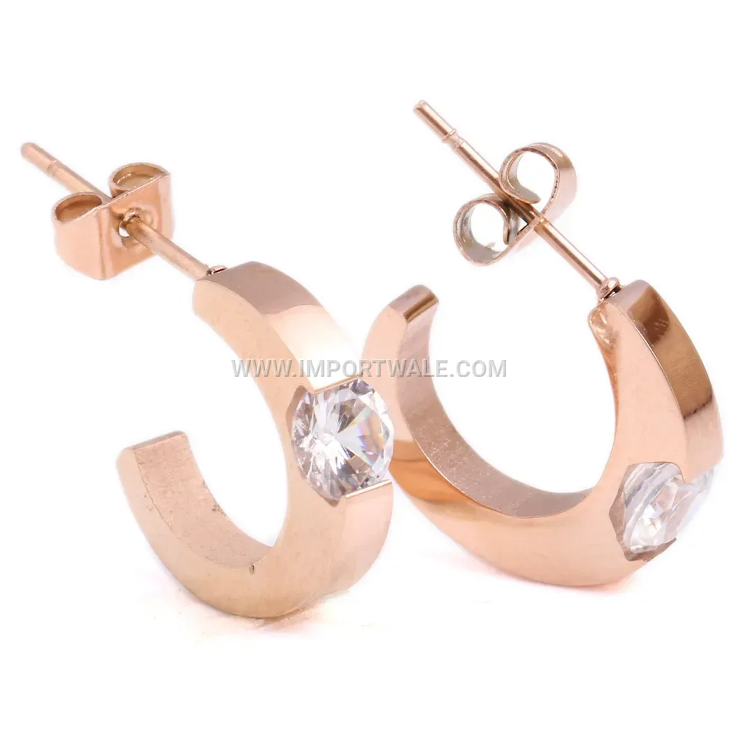 Curved C-Shape Stainless Steel Stud Earrings with Zirconia
