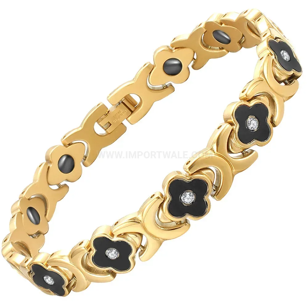 Titanium Steel Four-Leaf Clover Shell Inlaid Bio Magnetic Bracelet