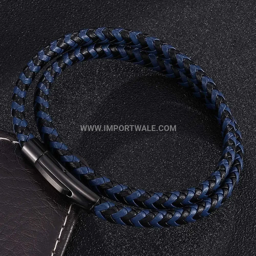 Dual Strand Braided Leather Stainless Steel Magnetic Clasp Bracelet