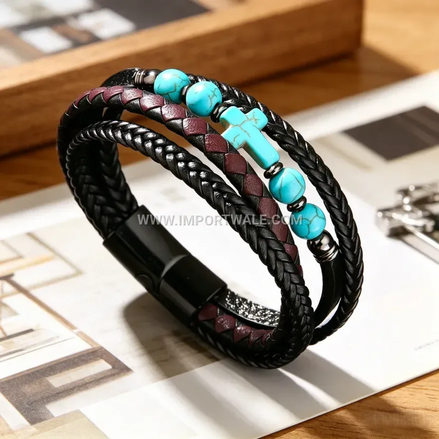 Natural Stone Beaded Leather Cross Wrap Bracelet