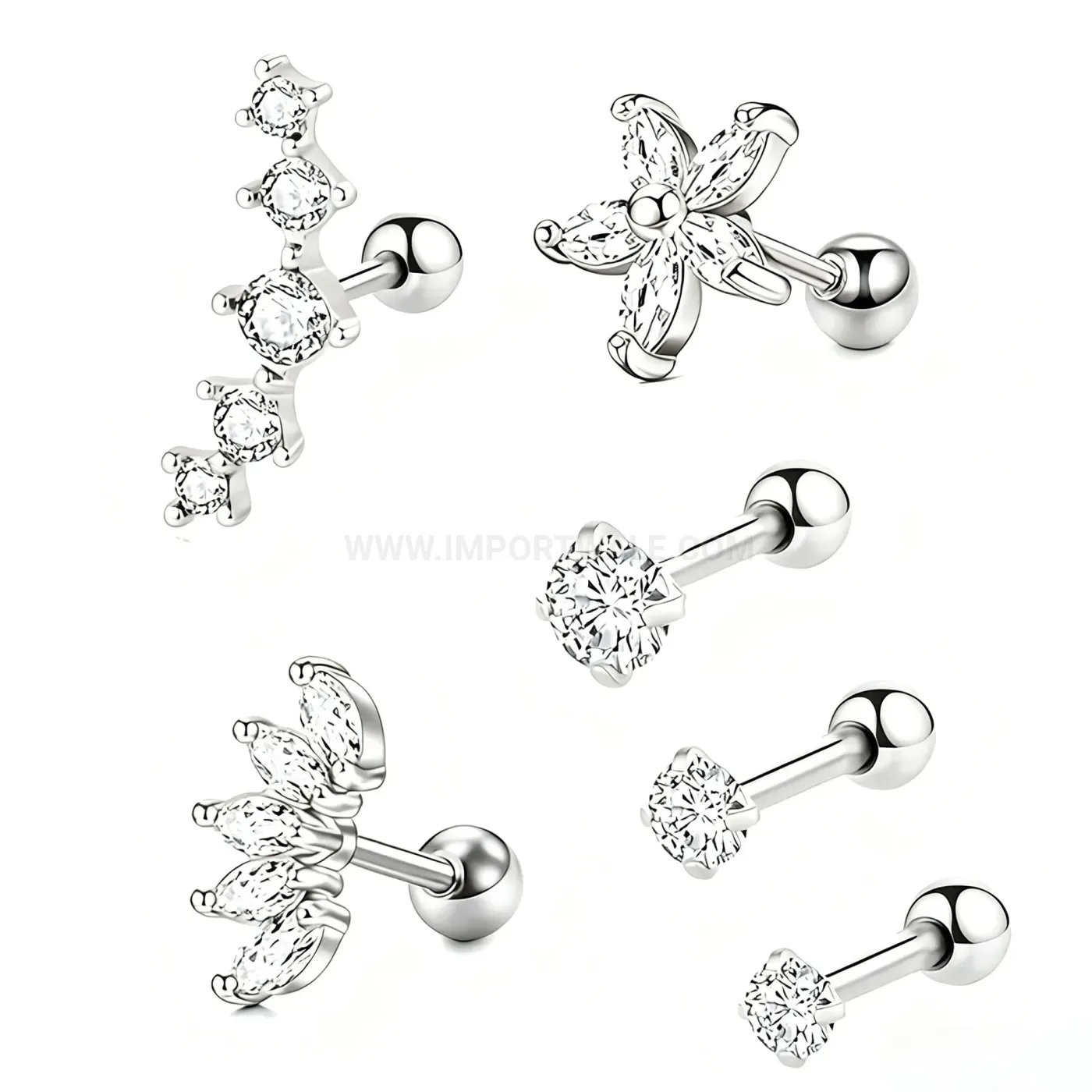Elegant Stainless Steel Floral Vine Crystal Threaded Piercing Stud Set