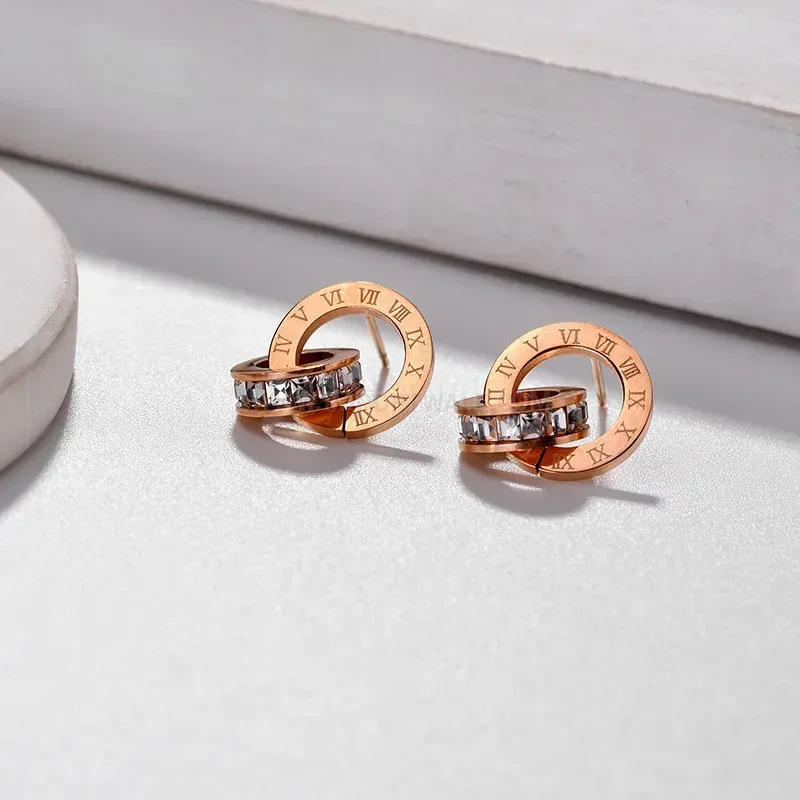 Rhinestone Double Ring Roman Titanium Steel Stud Earrings