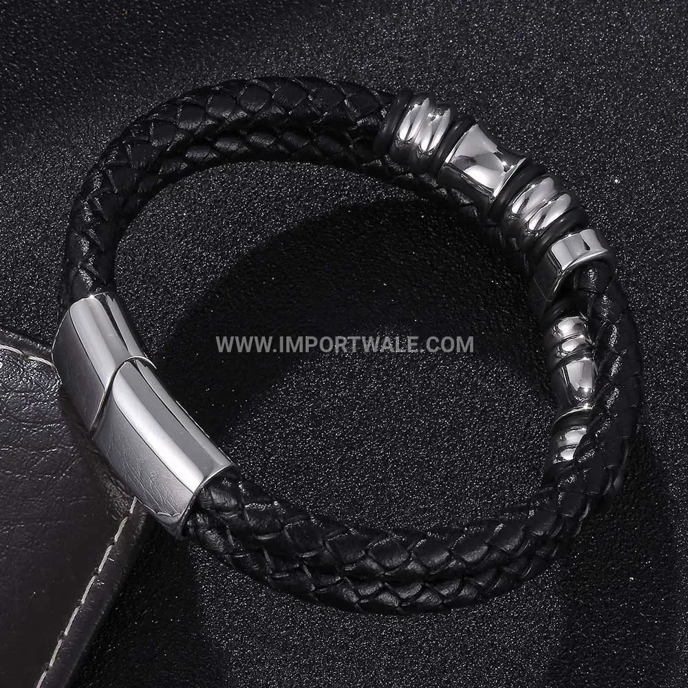 Double-Layer Braided Leather Bracelet with Stainless Steel Magnetic Clasp