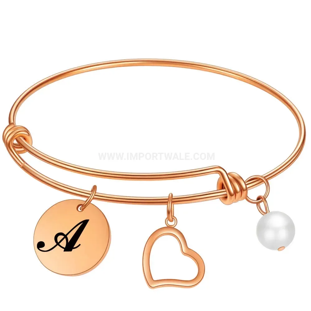 Elegant Initial Letter Engraved Pearl Stainless Steel Bangle