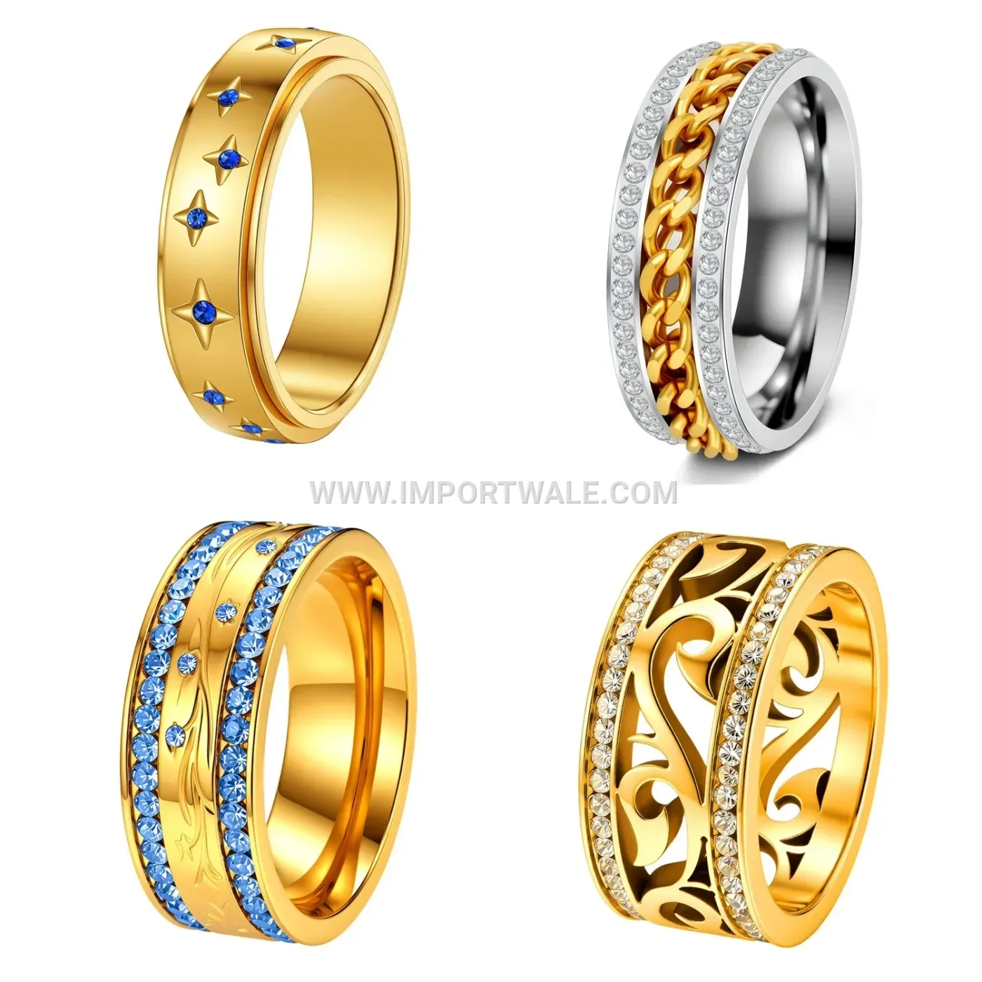 Double-Row Rhinestone Rotating Chain Band Ring