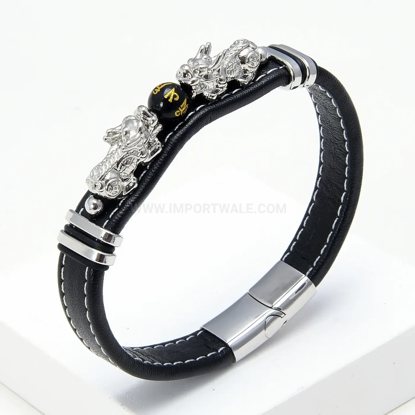 Men Retro Woven Leather Pixiu Bracelet With Natural Stone Accent