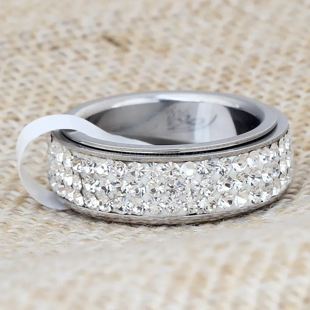 Triple Row Rhinestone Stainless Steel Band Ring