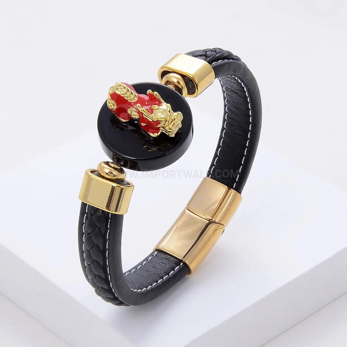 Vintage Braided Leather Pixiu Natural Stone Bracelet With Stainless Steel Clasp