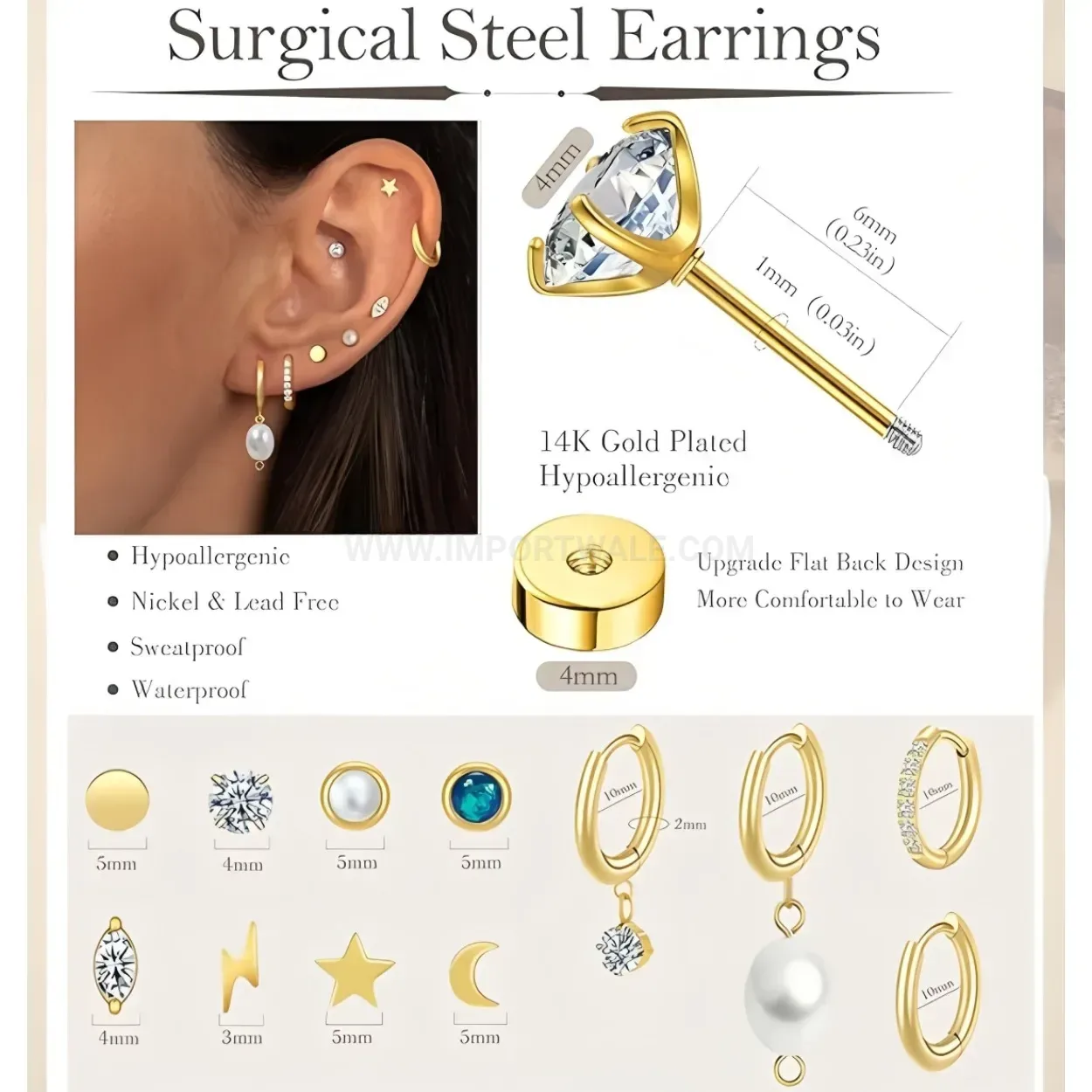 Designer Stainless Steel Flat Back Threaded Cartilage Piercing Stud Set