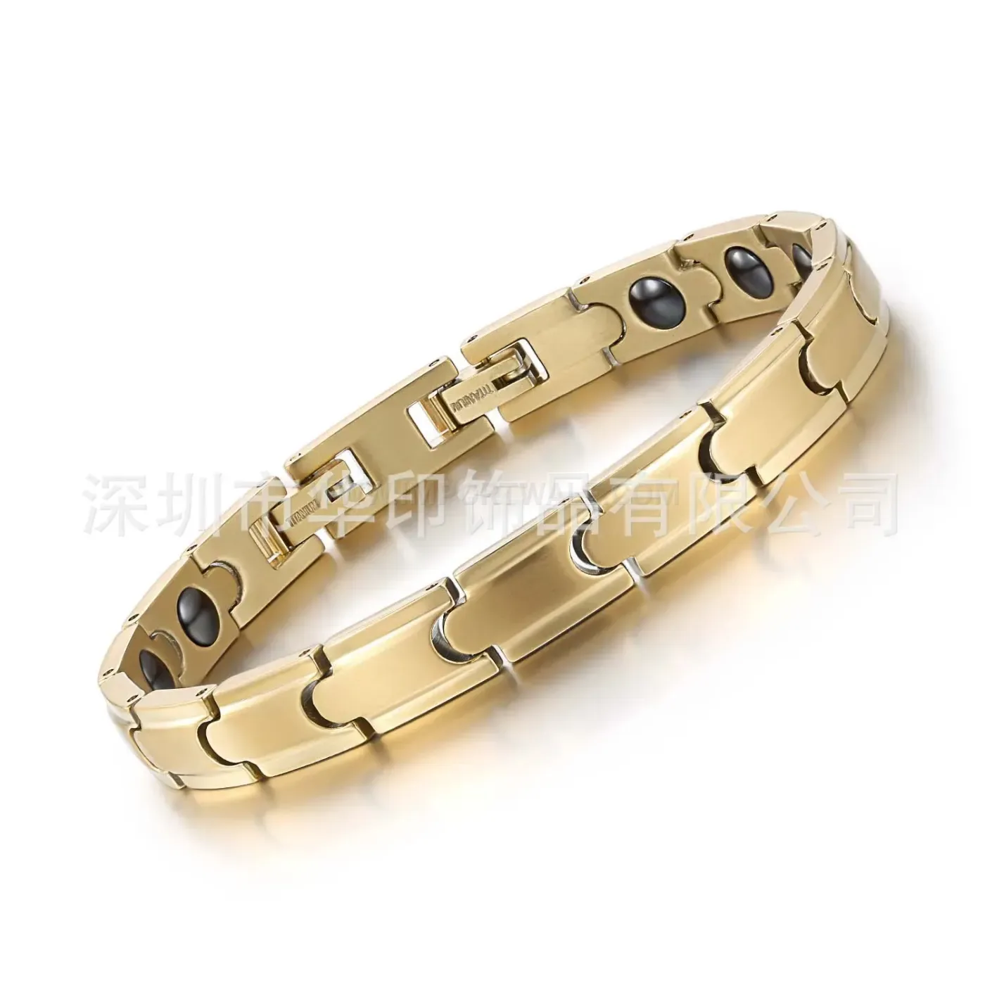 Fashion Brushed Gold Pure Titanium Bio Bracelet with Magnetic Hematite Elements