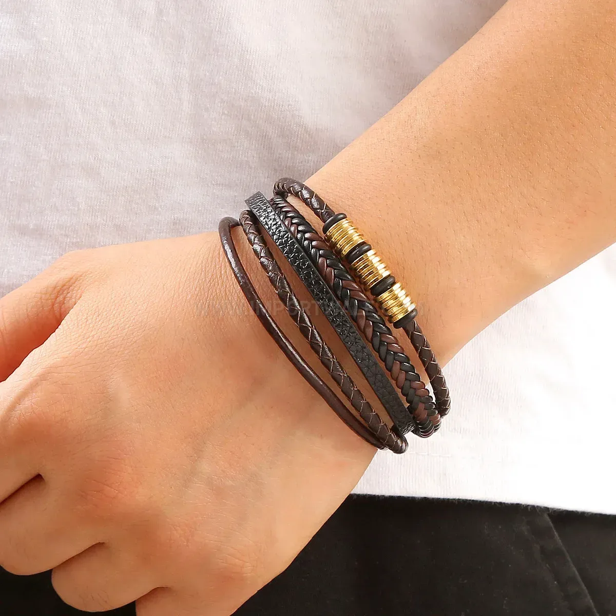 Trendy Multi Strand Braided Leather Metal Bead Bracelet with Magnetic Clasp