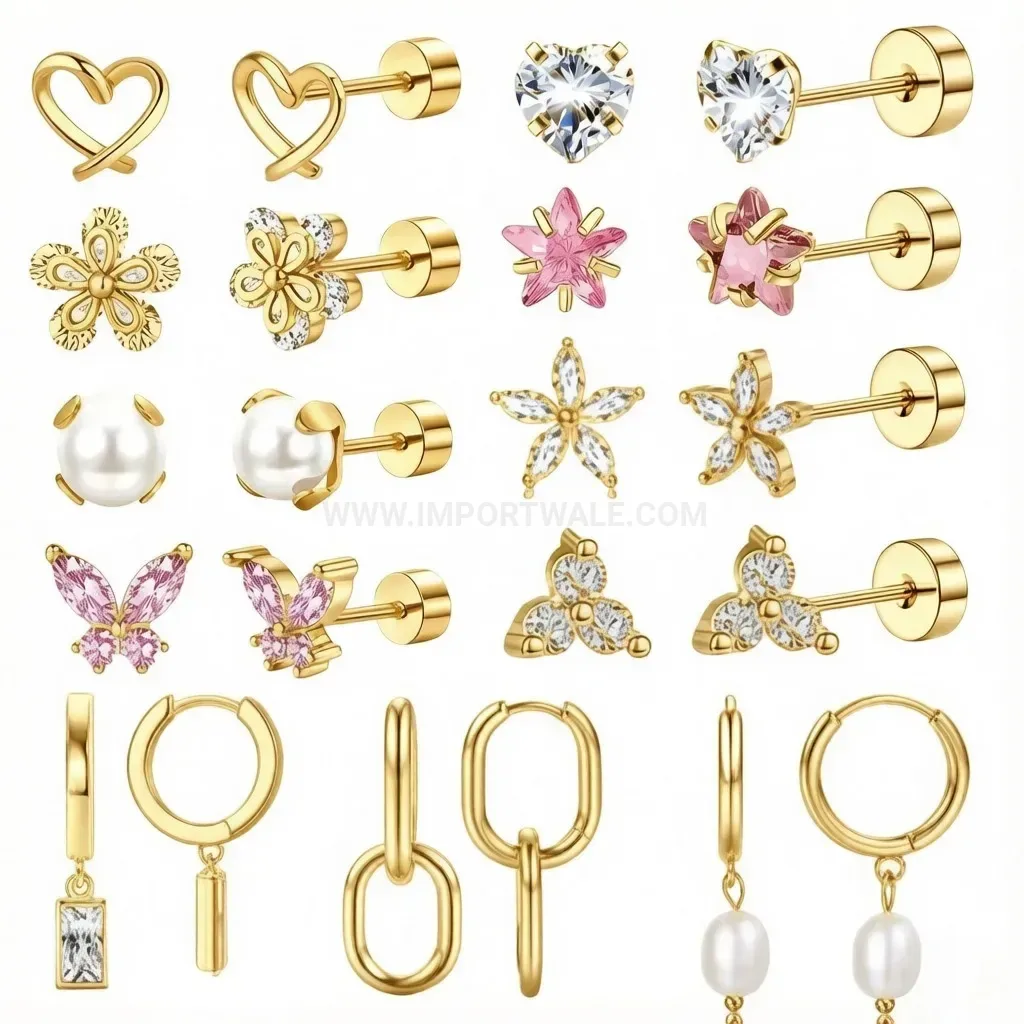 Chic Charming Stainless Steel Floral Heart Dangle Pearl Piercing Stud Set