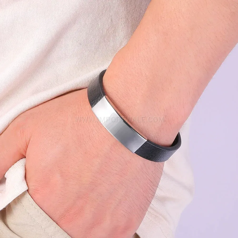 Customizable Black Leather Stainless Steel Geometric Bracelet