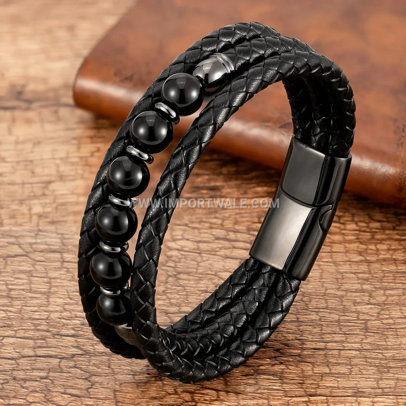 Multilayer Braided Leather Wristband with Natural Stone Beads