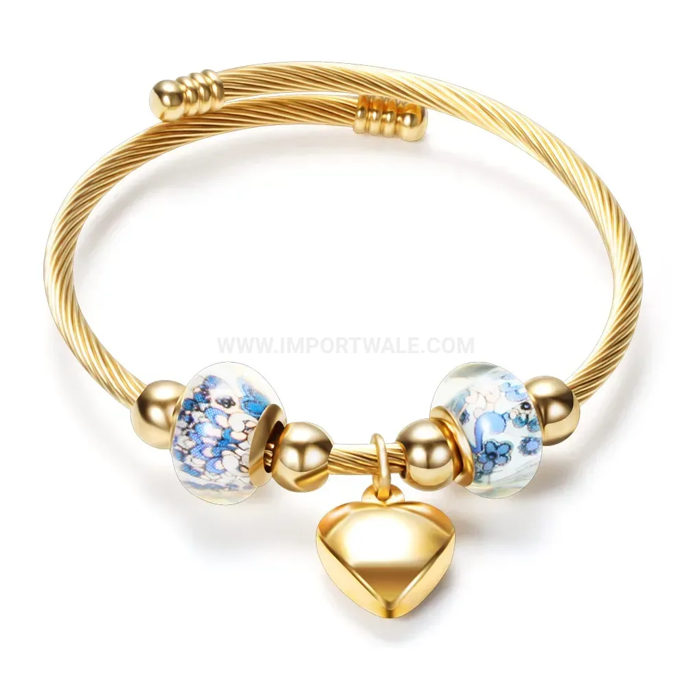 Stylish Beaded Heart Accent Stainless Steel Open Bangle Bracelet