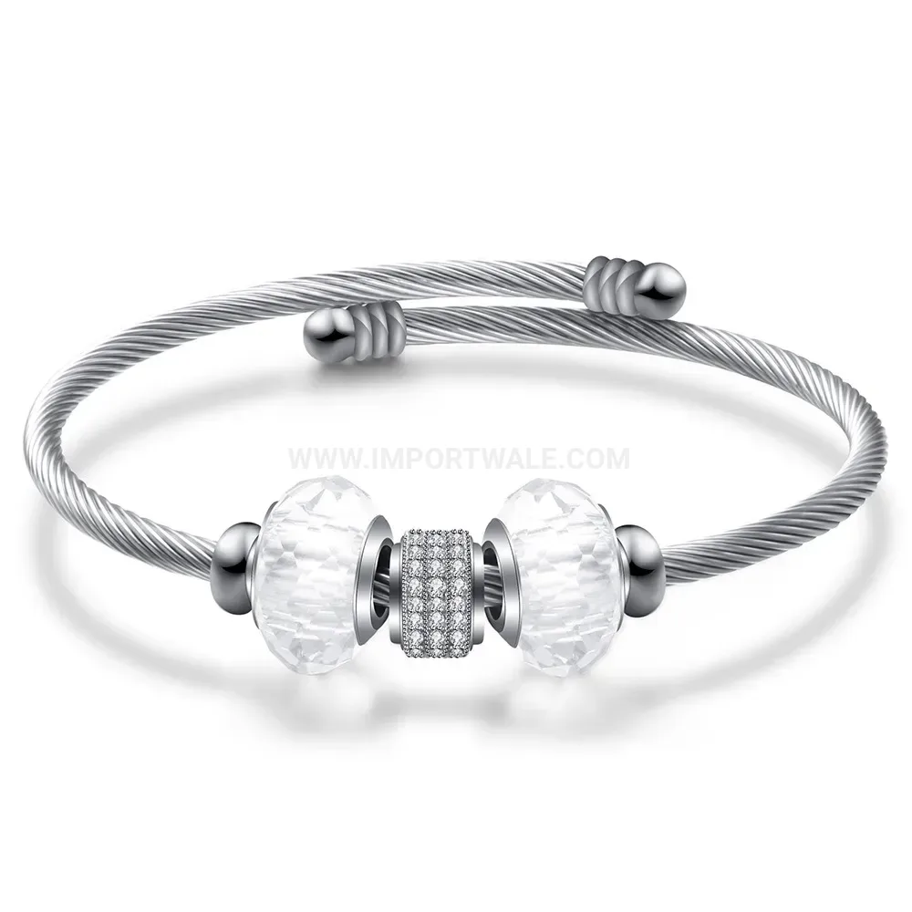 Chic Gold Stainless Steel Cable Bangle with Crystal Beads